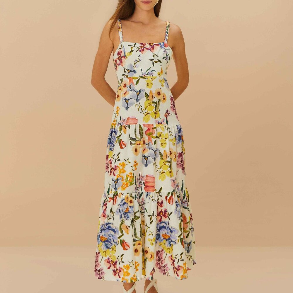 FARM Rio Off-White Greek Garden LENZING™ ECOVERO™ Euroflax™ Maxi Dress BNWT XL